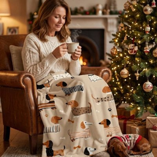 couverture avec motifs de chiens sur fond beige sur un femme assise sur un fauteuil et une tasse à la main