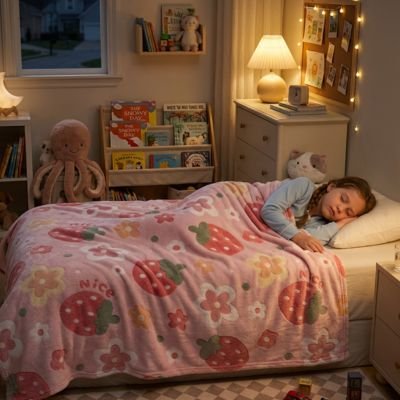 couverture enfant rose avec des motifs de fraises et de fleurs sur une fillette qui dort paisiblement dans son lit