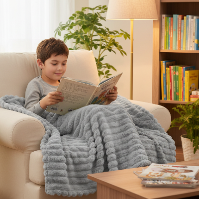 couverture enfant grise sur un garçon lisant paisiblement un livre sur un fauteuil