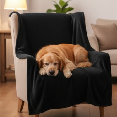 couverture polaire de couleur noire sur fauteuil avec chien couché dessus
