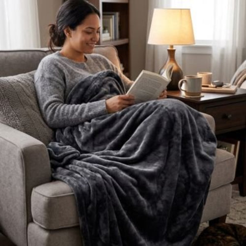couverture polaire grise qui recouvre une femme dans un moment de lecture sur un fauteuil