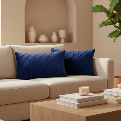 housses de coussins rectangles bleues sur sofa beige dans un salon bien agencé moderne