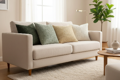 housses de coussin texturées aux coloris beige, crème et vert sur un canapé dans un salon