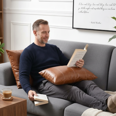housse coussin style cuir dans les tons de cognac accompagné d'un homme allongé sur un canapé avec un livre