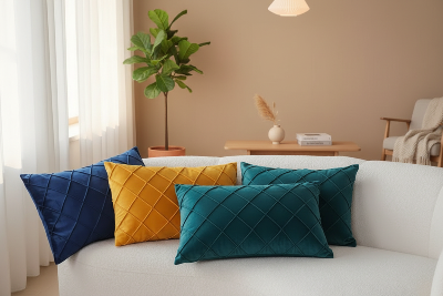 housses de coussins de forme rectangle de couleurs bleu, jaune et turquoise présentées sur un canapé blanc dans un salon