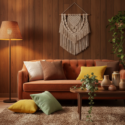 housse de coussin 40x40 multicolores sur divan et sol dans un salon rétro
