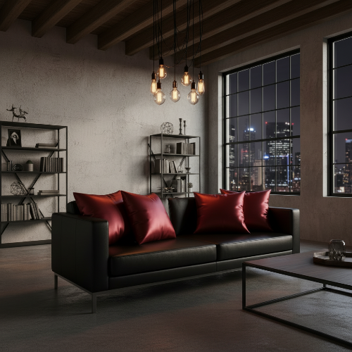 housse de coussin 40x40 rouge sur un sofa en cuir noir dans un loft moderne