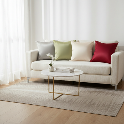 housse de coussin 40x40 de couleurs gris pâle, vert pâle, crème et rouge sur un canapé blanc