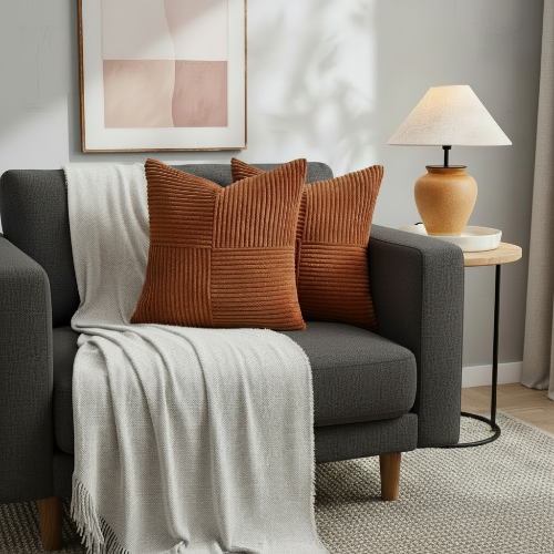 housse de coussin 40x40 de couleur rouille sur fauteuil gris foncé
