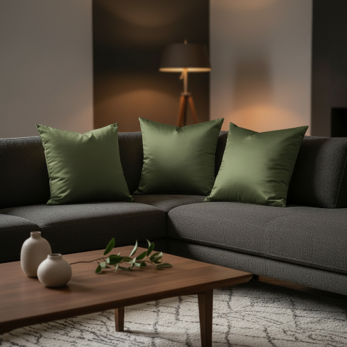 housse de coussin 40x40 vert olive disposé sur un canapé en angle gris foncé
