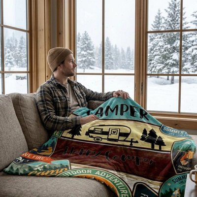 couverture avec des images de camping sur un homme assis sur le divan regardant par la fenêtre