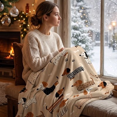couverture beige décorée de petits chiens style teckel sur une jeune femme assise sur le rebord d'une fenêtre