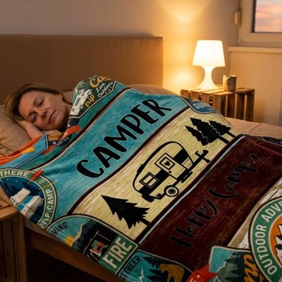 couverture dans la thématique de camping sur une femme qui dort paisiblement dans son lit