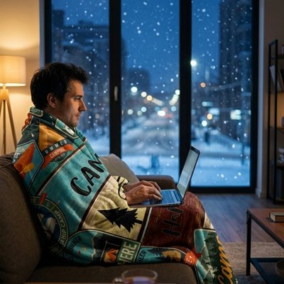 couverture dans le thème du camping sur un homme avec son ordinateur sur le divan