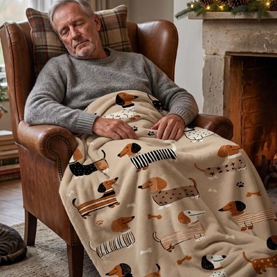 couverture dans les tons de beige avec imprimés de petits chiens sur un homme faisant une sieste sur un fauteuil