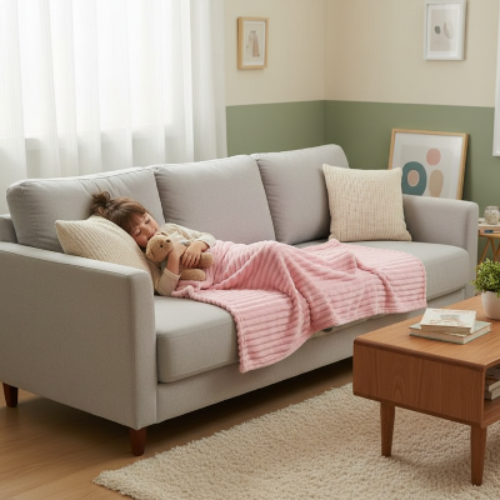 couverture enfant rose sur une fillette faisant une sieste sur le canapé avec son ourson en peluche