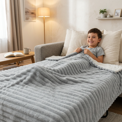 couverture enfant  grise sur un garçon installer sur un sofa-lit dans un salon