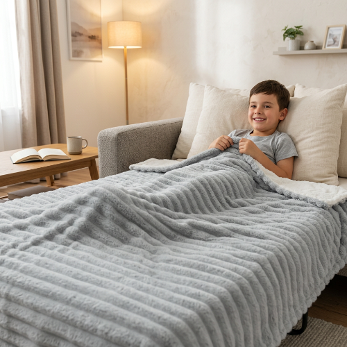 couverture enfant  grise sur un garçon installer sur un sofa-lit dans un salon