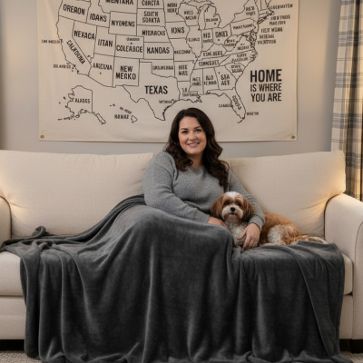couverture polaire grise sur une femme installée sur son sofa avec son petit chien