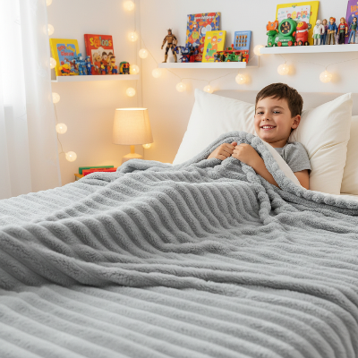couverture enfant de couleur grise sur un enfant couché heureux dans son lit