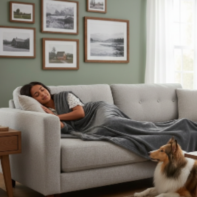 couverture polaire de couleur grise sur une jeune femme faisant une sieste sur son canapé