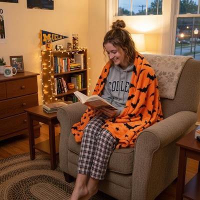 couverture de couleur orange à motifs chauves-souris sur une jeune femme assis sur un fauteuil 
