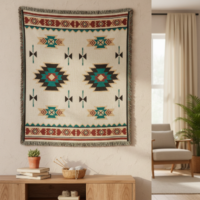couverture avec motifs bohème bleu, brun et orange sur fond blanc étendue sur le mur du salon