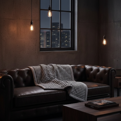 couverture vichy noir et blanc sur un sofa en cuir brun foncé 