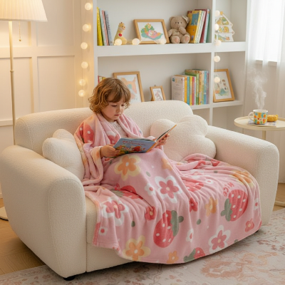 couverture enfant rose à motifs floraux sur une petite fille lisant un livre sur son canapé