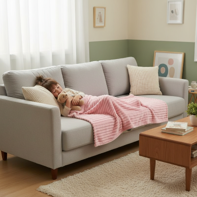 couverture enfant rose sur une fillette faisant une sieste sur le canapé avec son ourson en peluche