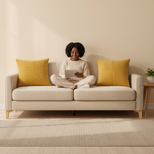 housse de coussin 40x40 jaune de chaque côté d'une femme assise sur un canapé