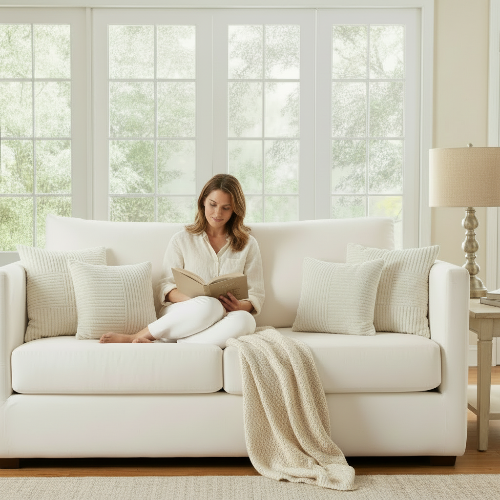 housse de coussin 40x40 blanc entourant une femme sur un sofa blanc 