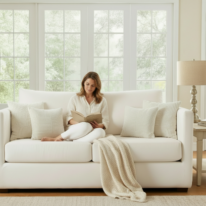 housse de coussin 40x40 blanc entourant une femme sur un sofa blanc 