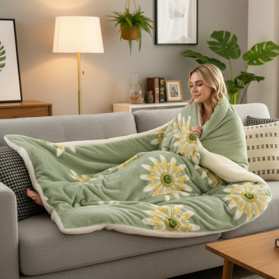 couverture polaire vert pâle avec fleurs style marguerite sur une femme installée confortable sur un divan