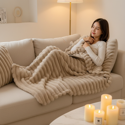 couverture kaki foncé sur une jeune femme allongée paisiblement pour une relaxation sur le canapé