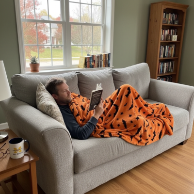 couverture orange avec des chauves-souris sur un homme allongé sur un canapé lisant un livre