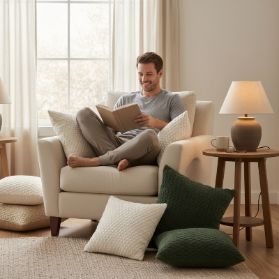 housses de coussin aux couleurs naturelles autour d'un homme assis sur un fauteuil avec un livre