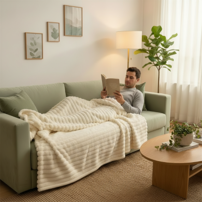 couverture de couleur blanc sur un homme relaxant en lisant un livre allongé sur le canapé