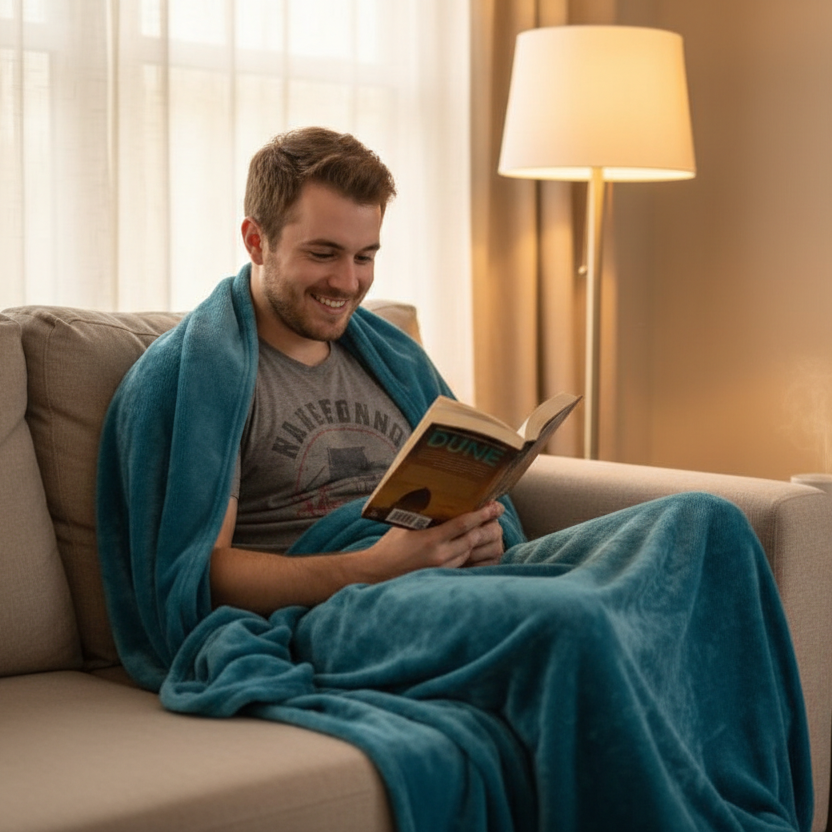 couverture polaire bleue sur un jeune homme lisant un livre sur un sofa