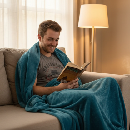 couverture polaire bleue sur un jeune homme lisant un livre sur un sofa