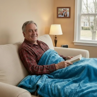 couverture bleue avec un homme souriant installé confortablement avec un livre sur un canapé 