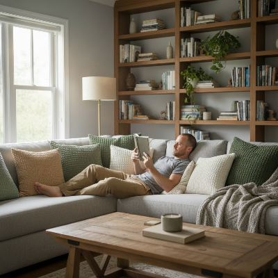 housses de coussin dans les tons de beige, crème et vert agencées sur un sofa avec un jeune homme lisant un livre