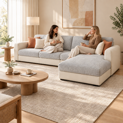 housse canape angle gris clair avec deux femmes souriantes qui discutent