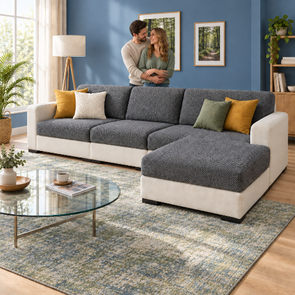 housse canape angle gris fonce avec un couple enlacé debout derrière le sofa