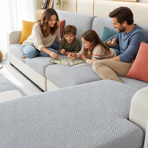 housse canape angle gris pâle avec une famille qui joue sur le canapé