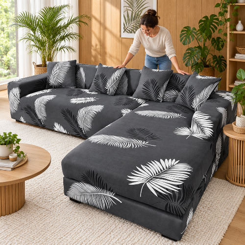 housse canape angle grise avec motifs de feuilles blanc et noir avec une femme debout derrière le canapé