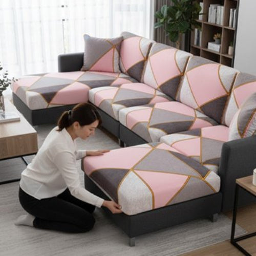 housse canapé d'angle à imprimés modernes dans les tons de rose et gris 