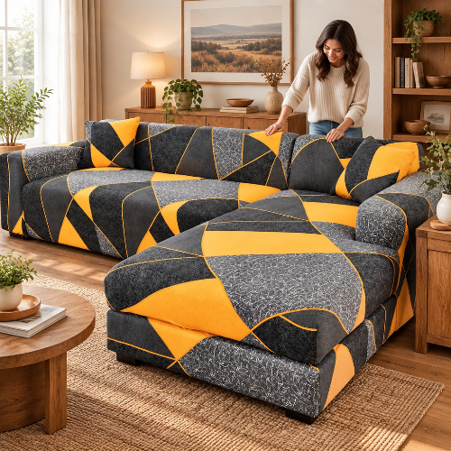 housse canape d'angle moderne jaune et gris dans un salon décoré de boiseries
