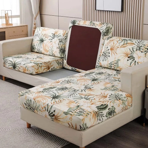 housse canape d'angle avec imprimés de feuilles tropicales vert et jaune sur un canapé dans un salon 