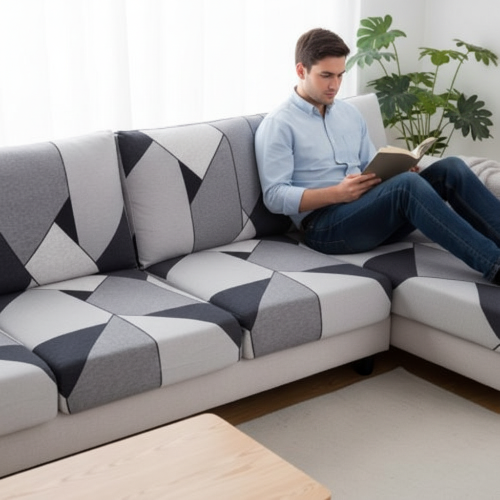 housse canapé d'angle aux motifs géométriques dans les tons de gris avec un homme lisant un livre